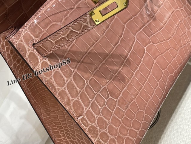 Hermes專櫃經典款Kelly手提女包 愛馬仕純手工凱莉25CM高光尼羅鱷魚皮Kelly包 zhh1250